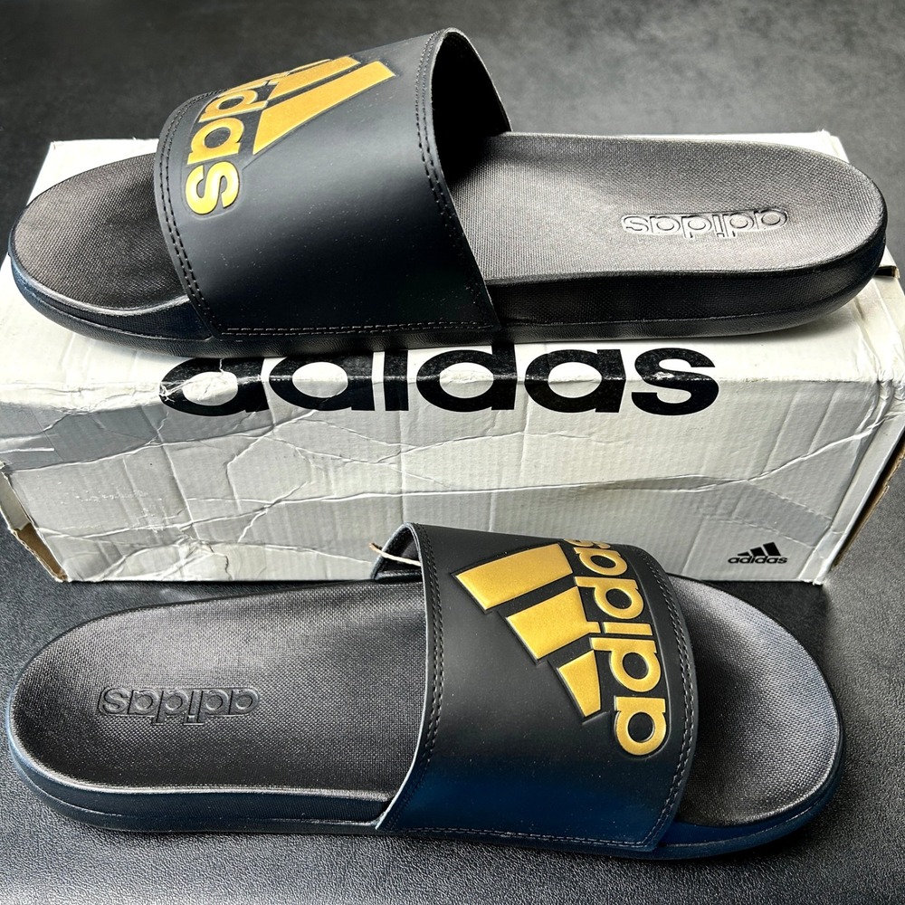 adidas Adilette Comfort Slides Mens 10 Womens 11 Black Gold Metallic GY1946 NEW - Picture 2 of 7